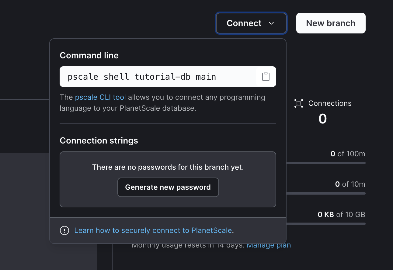Screenshot showing connection string details for PlanetScale database