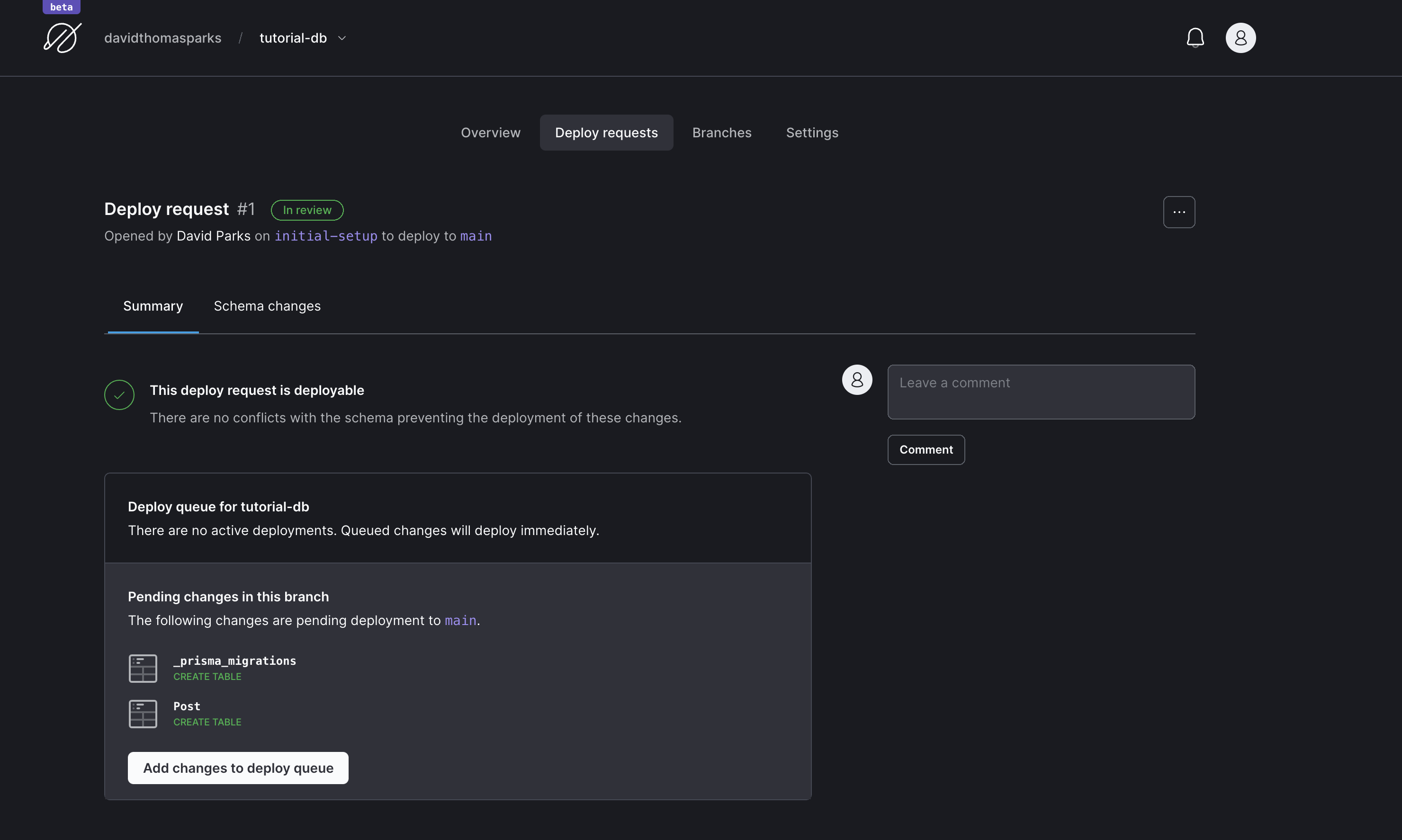 Screenshot showing an open deploy request on PlanetScale