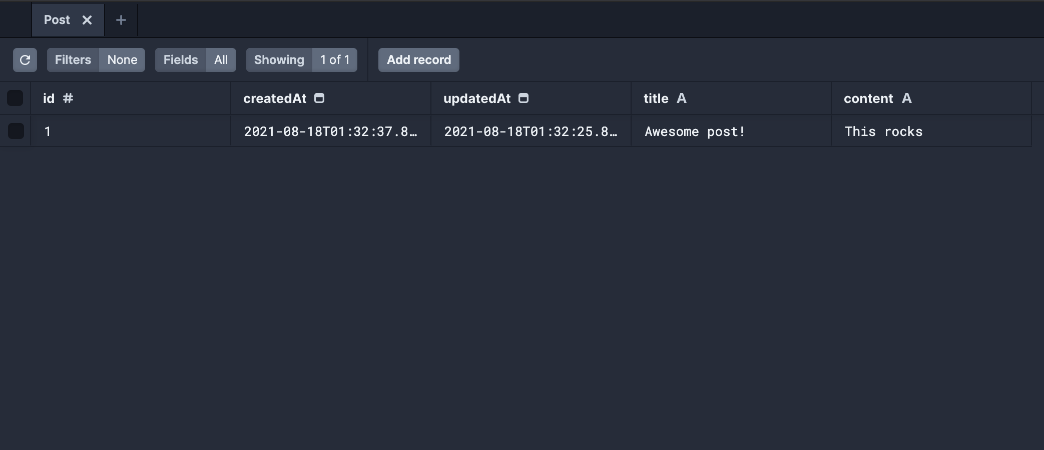 Screenshot showing the Prisma Studio web GUI and adding a new post record